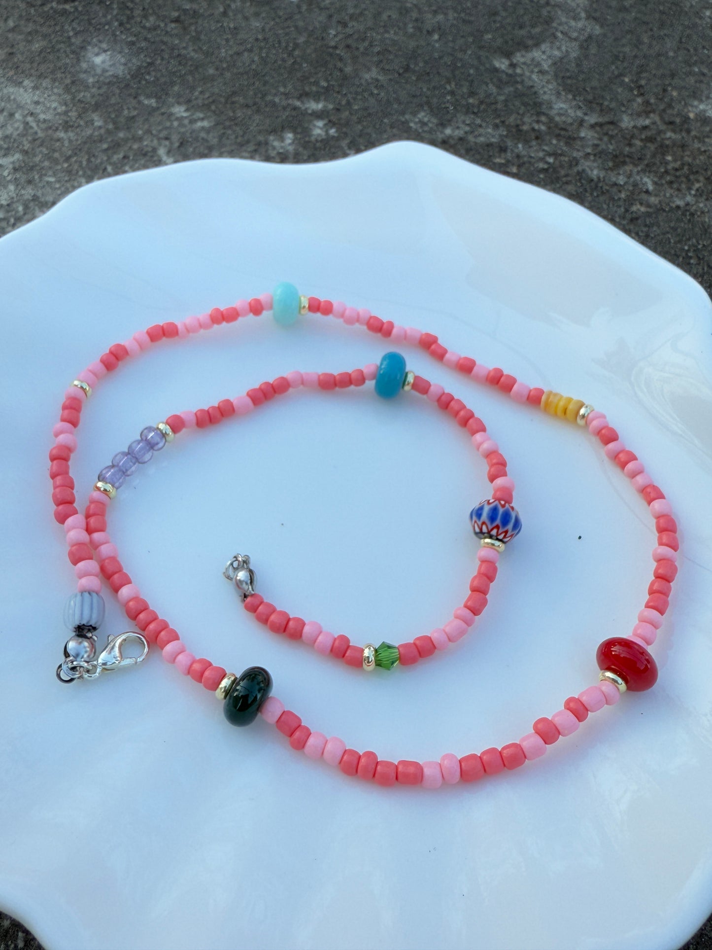 Handmade Pink Floral Beaded Necklace – Soft, Playful & Uplifting